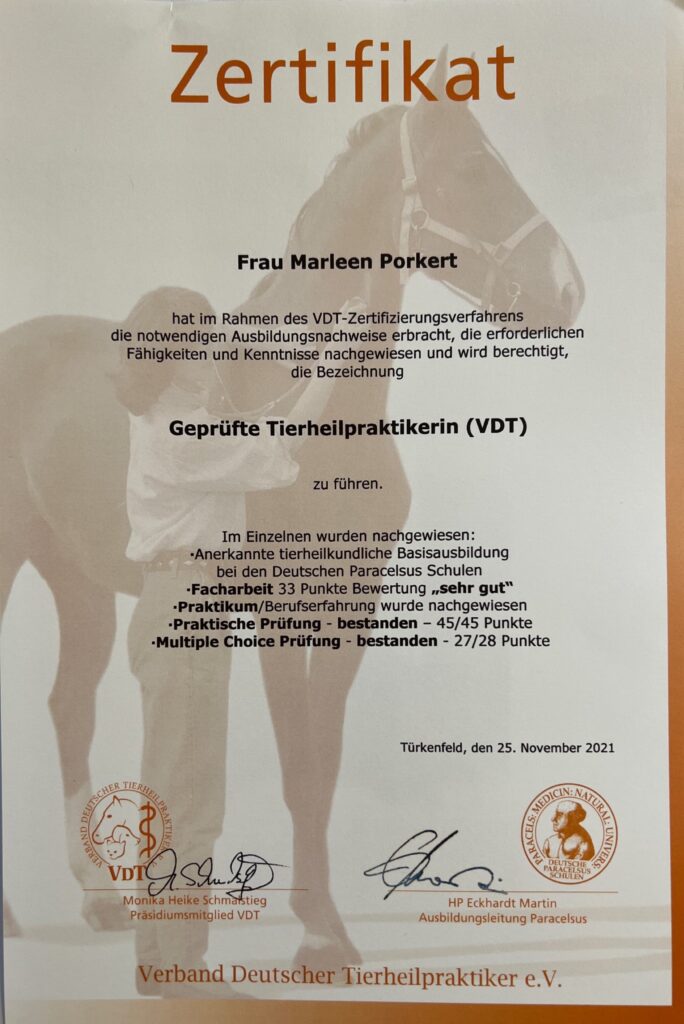 Zertifikat: Geprüfte Tierheilpraktikerin (VDT) von Marleen Porkert
